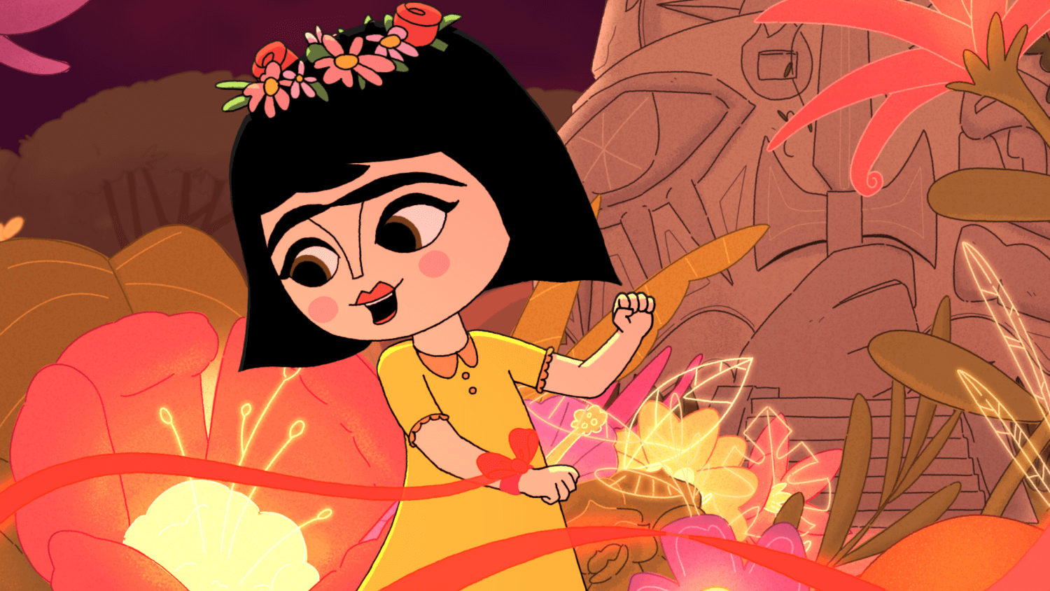 An animated Frida Kahlo as a child running through a dream world with orange flowers