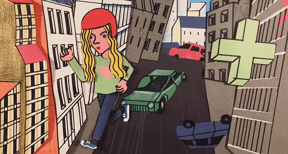 Paper cut-out illustration of a blonde girl with a helmet on running down city streets