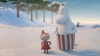 Moomins characters Little My and Moominpappa walk across a snowy backdrop