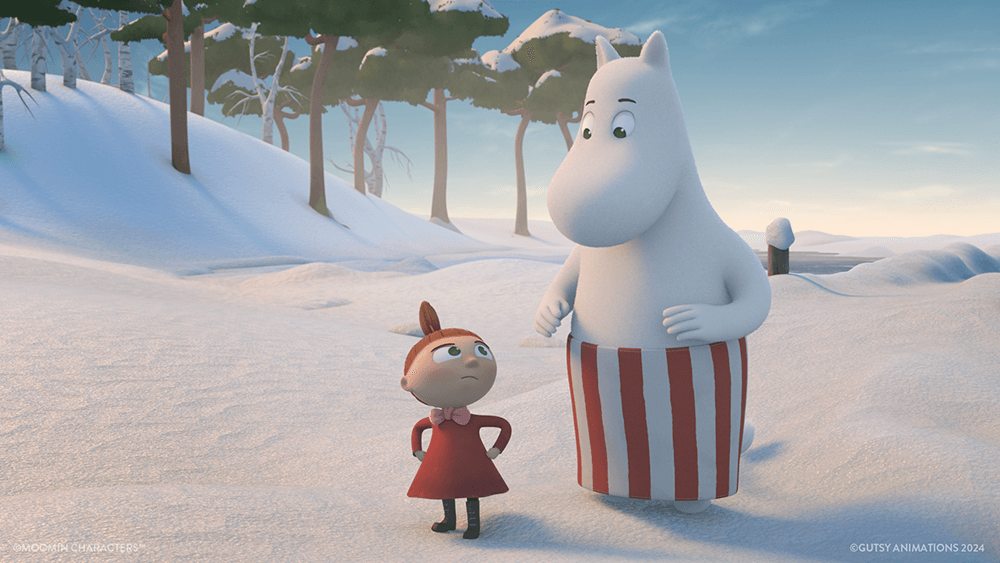 Moomins characters Little My and Moominpappa walk across a snowy backdrop